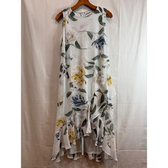 Calvin Klein Dresses & Skirts - Calvin Klein Floral High-Low Ruffle Chiffon Midi Dress White Blue Yellow Size 8